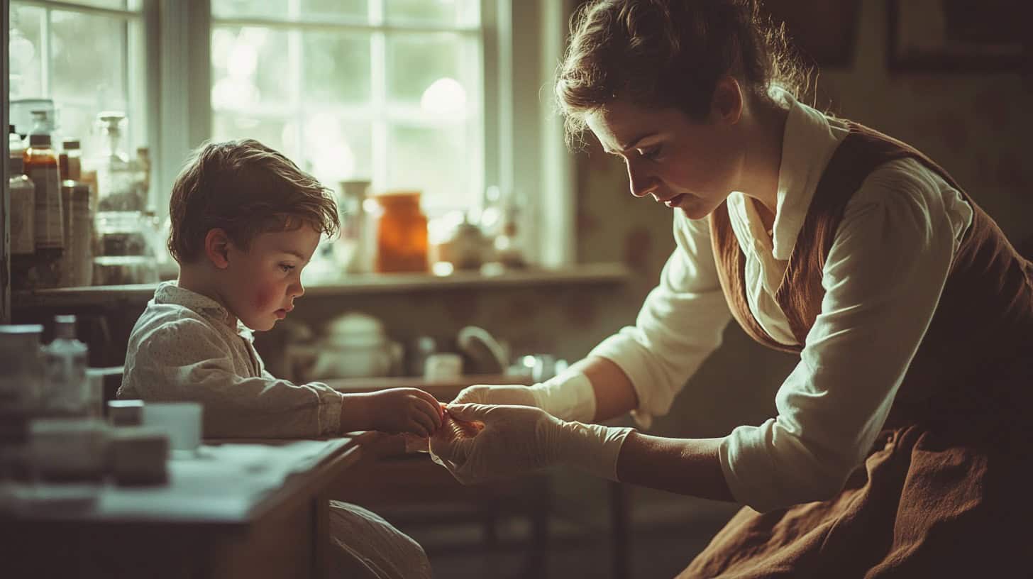 Essential 1970s Skills That Could Still Save You Today 14 Image of parents teaching basic first aid and home remedies from the 1960s.