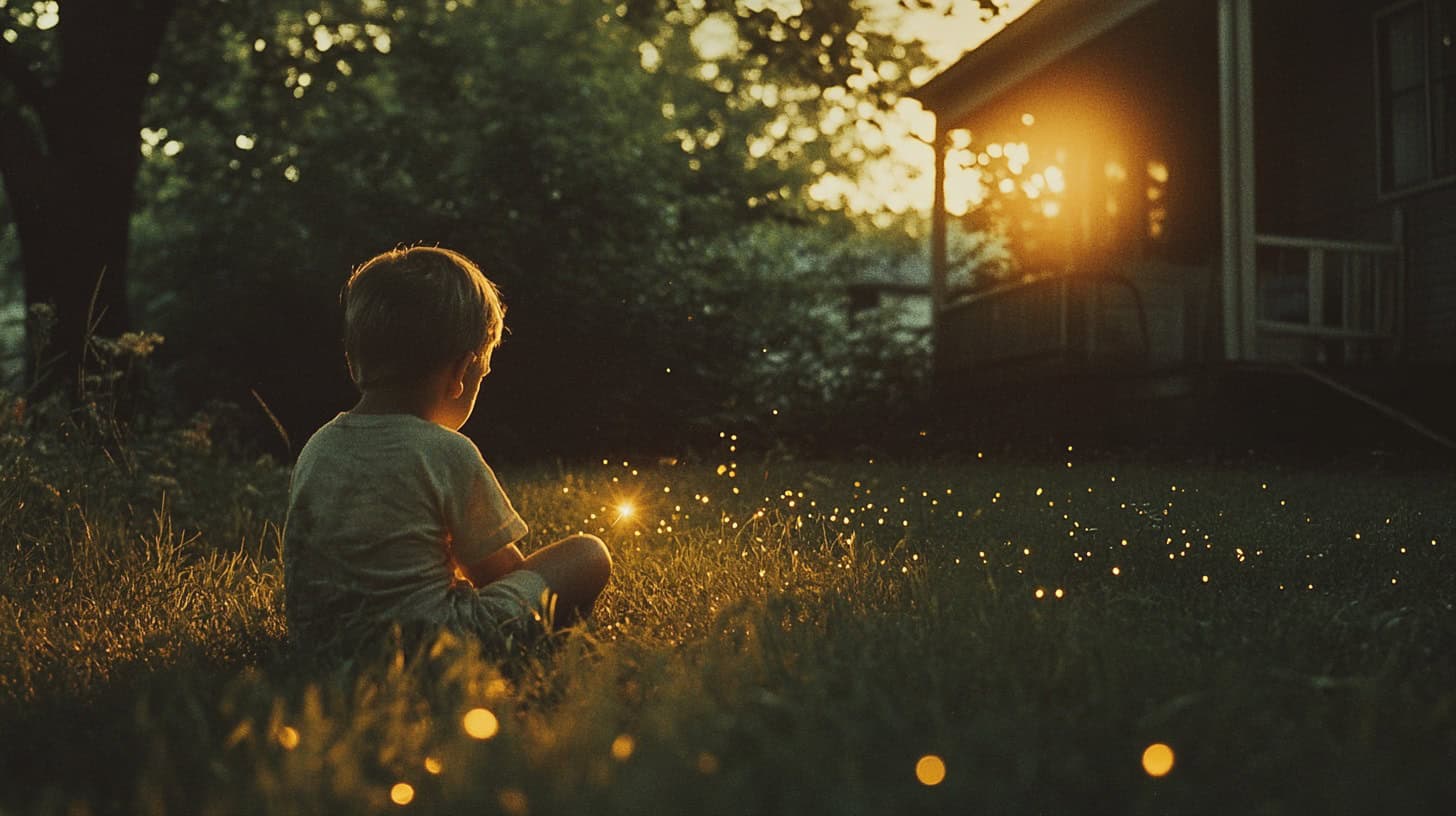 A nostalgic scene depicting kids catching fireflies in a small town during the 1960s.