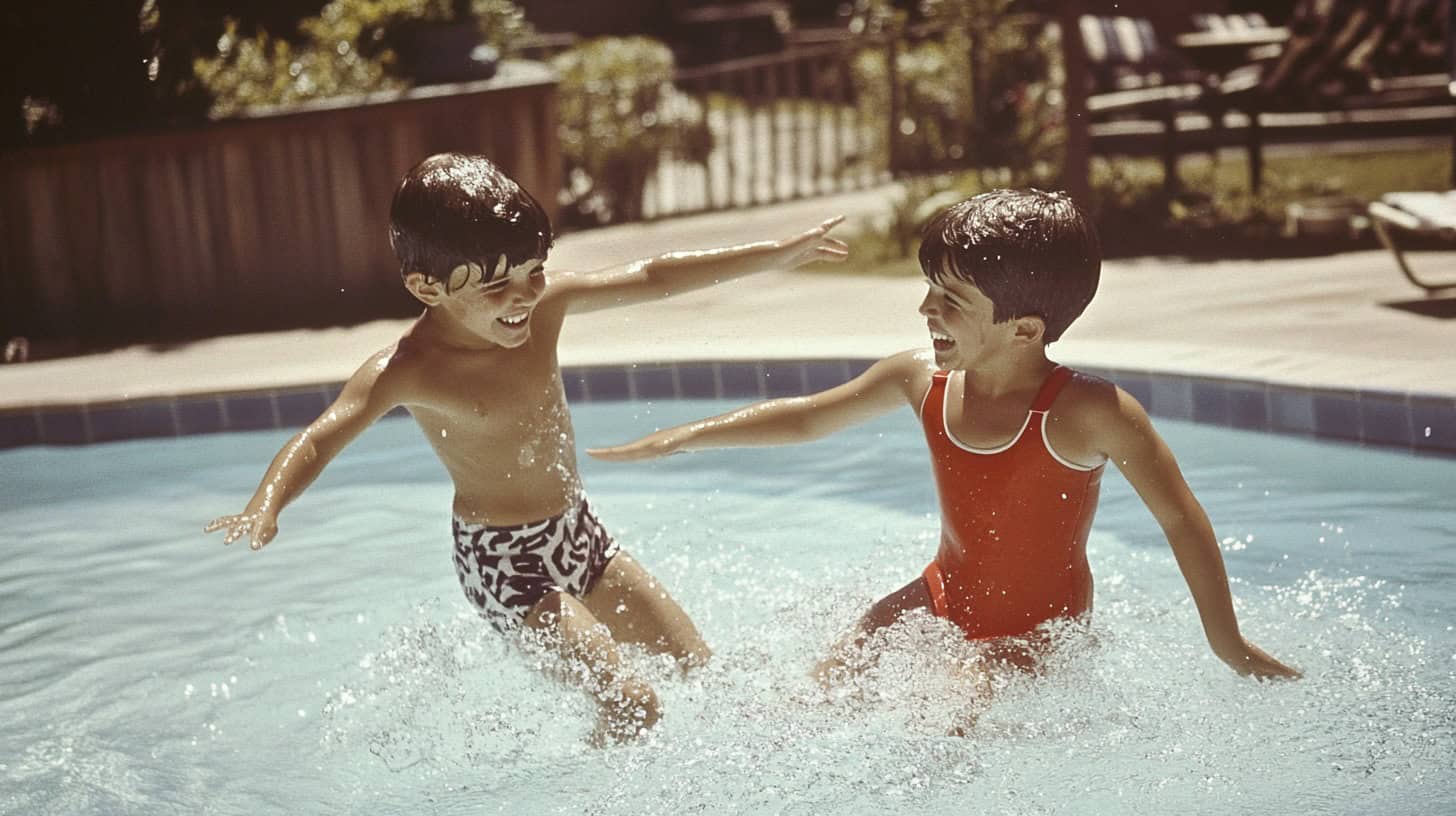 Kids enjoying a lively game of tag at a local pool during summer in the 60s.