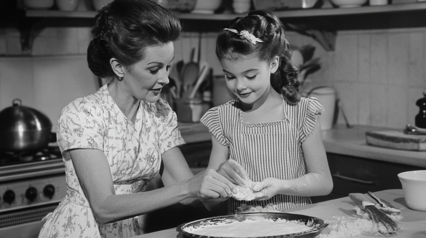 How Parents Bonded with Their Kids in the '50s — Rarely Seen Today 4 A nostalgic dinner table scene showcasing family recipe sharing traditions from the 60s.