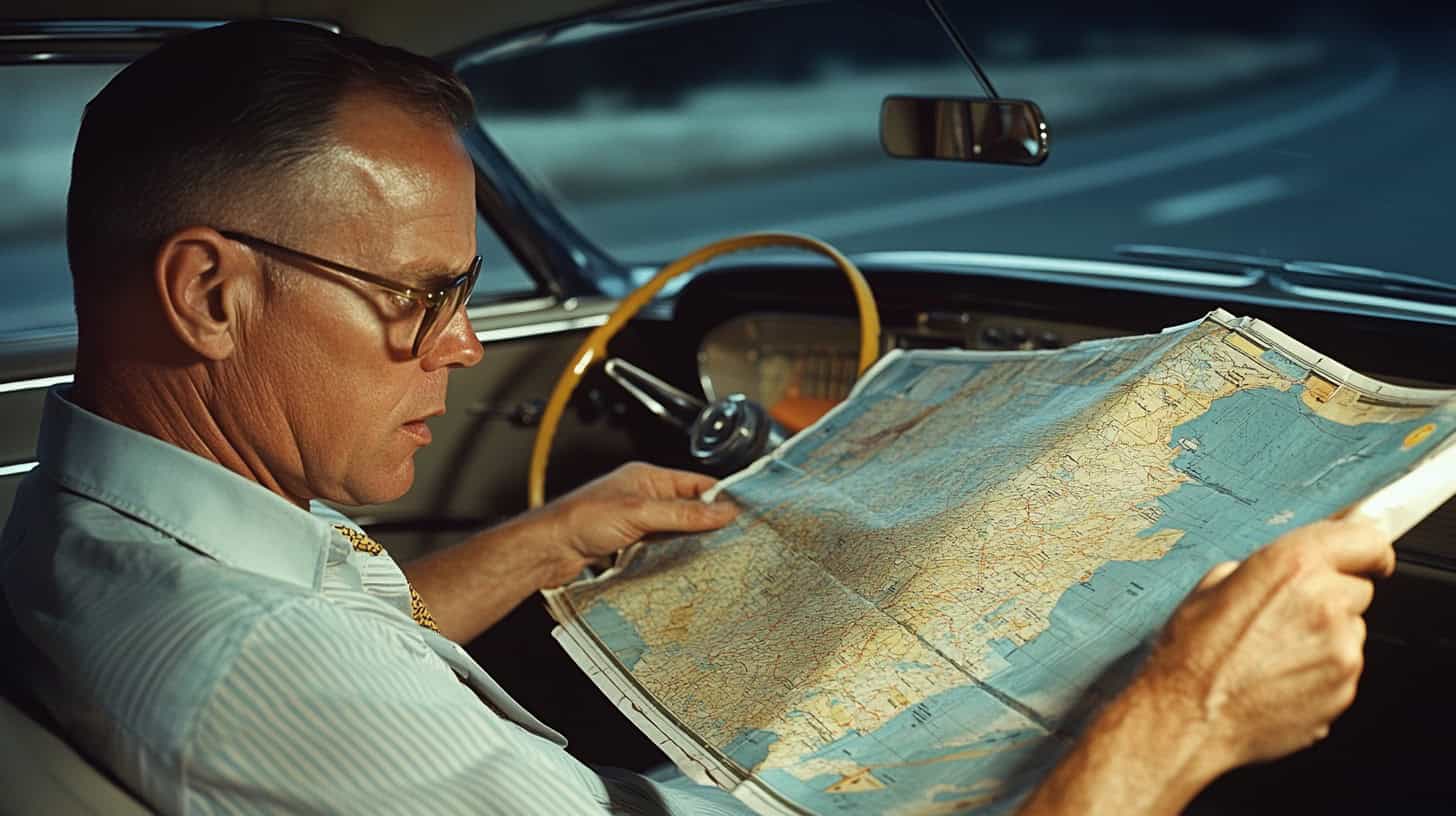 A vintage photo of a family in a classic 1960s car, with a dad navigating using a paper map while kids look on excitedly.