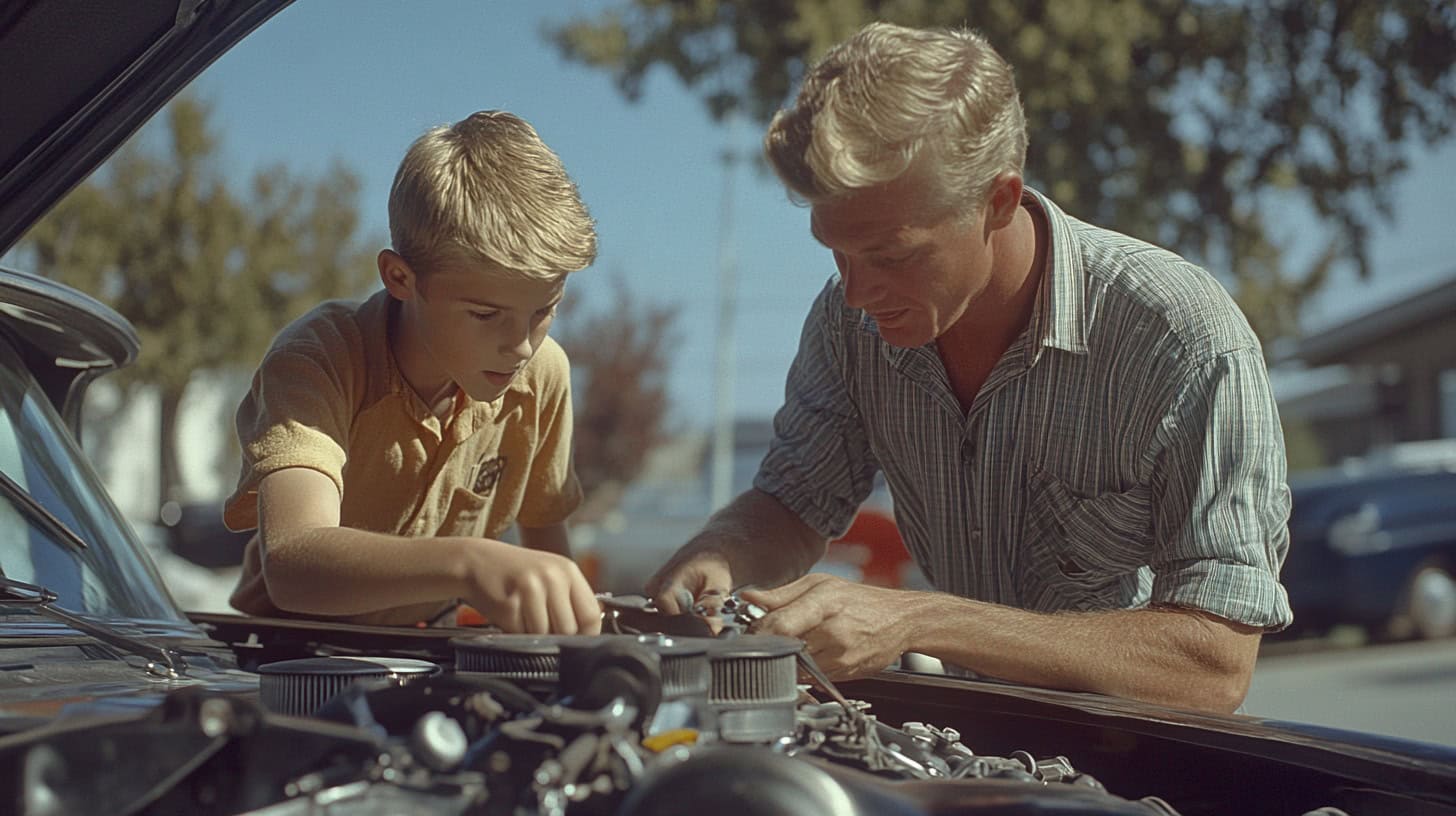 Essential 1970s Skills That Could Still Save You Today 3 Image depicting basic car maintenance tips from the '60s, relevant today.