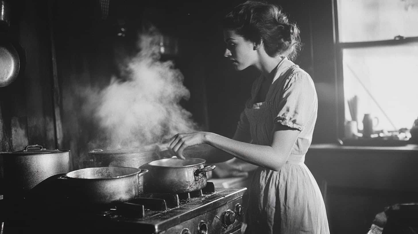 A grandmother in the 1960s, wearing an apron, joyfully measuring ingredients while cooking in her cozy kitchen.
