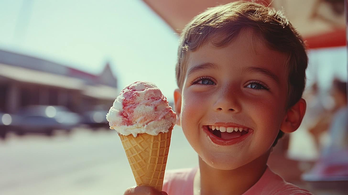 A vintage 60s nickel coin represents the cost of treats like ice cream cones.