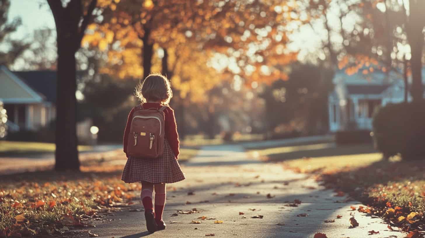 A child walking alone to school, showcasing independence and responsibility.