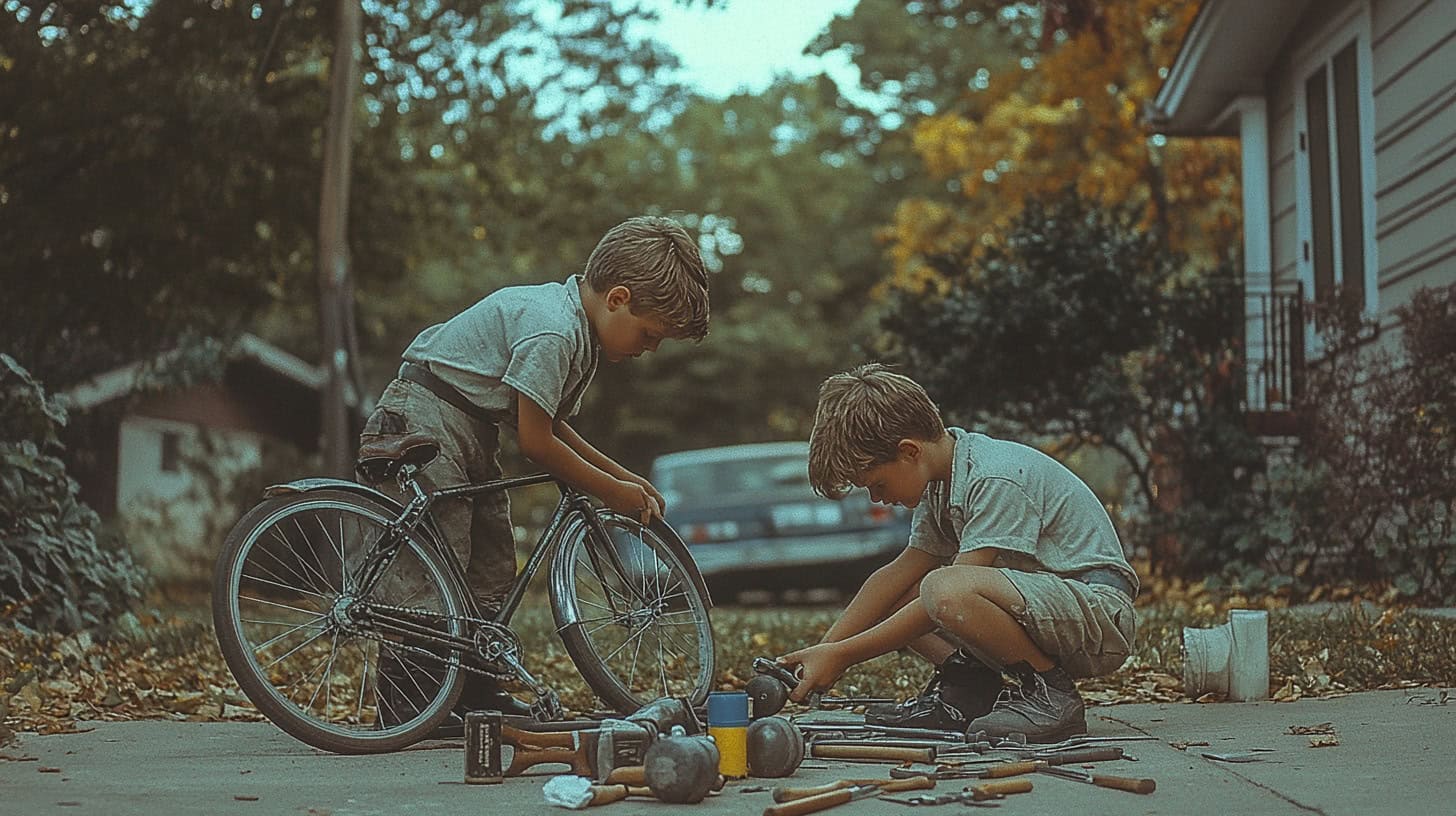 Things Every Kid Knew How to Fix — Before YouTube 3 Children working on bike maintenance, showcasing responsibility in action