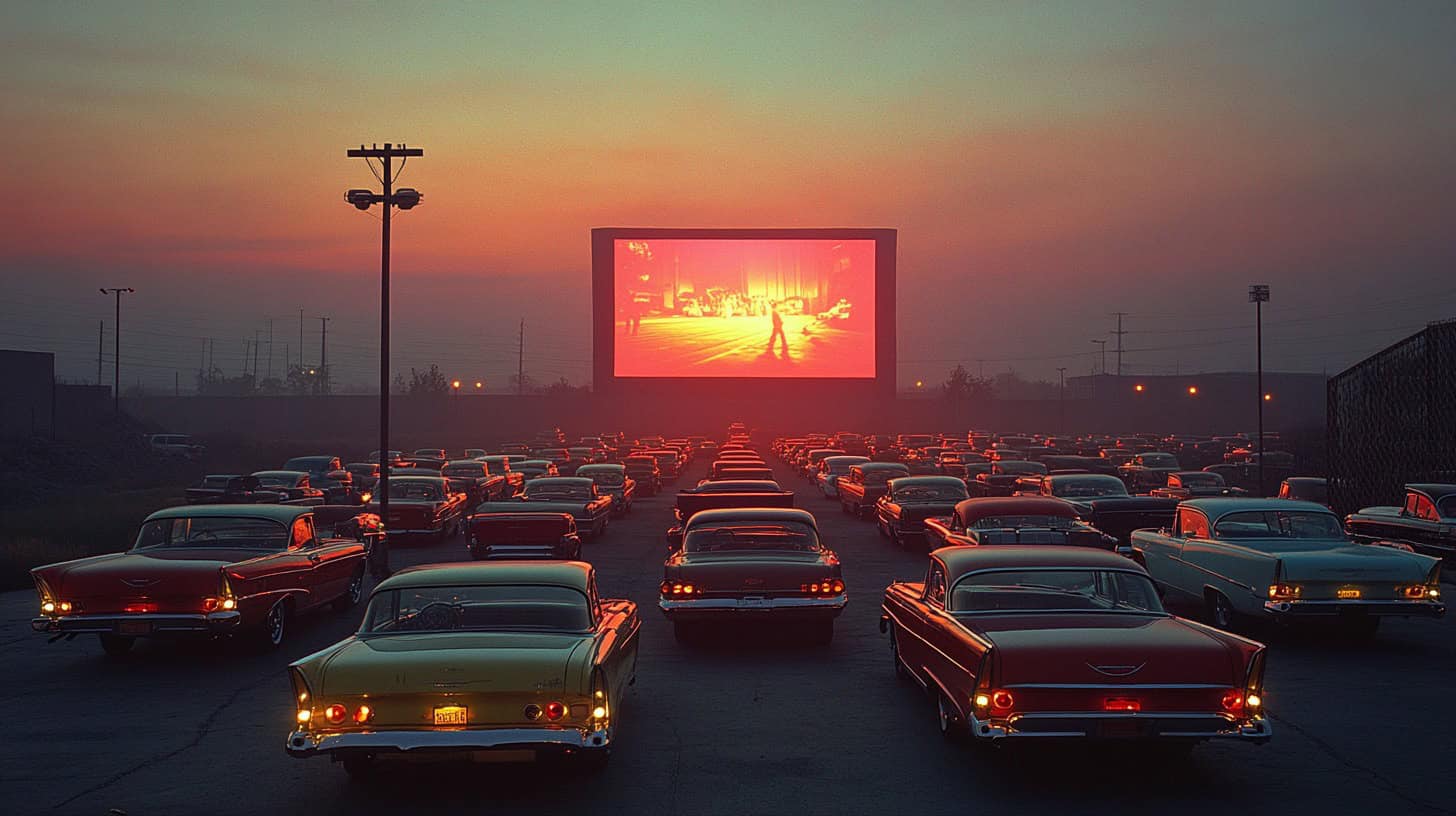 Image of a classic drive-in movie theater showcasing 60s nostalgia and culture.