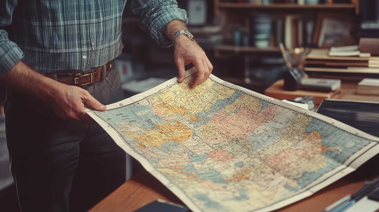 17 Lost Arts Every Kid Mastered Before Age 12 6 A vintage family using paper maps for road trip planning before technology.