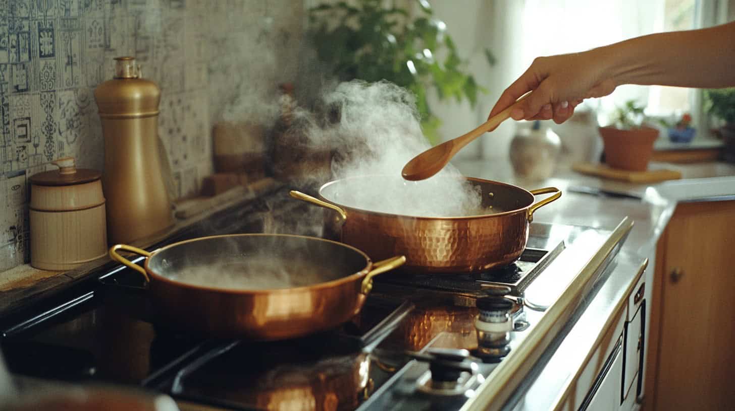 An image of a wooden spoon resting across the top of a pot, demonstrating the classic trick to prevent boiling over.