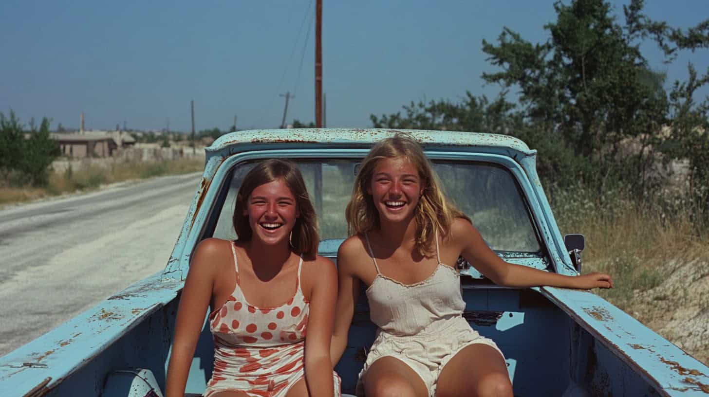 Image of a person riding in the back of a pickup truck, carefree and without safety warnings.