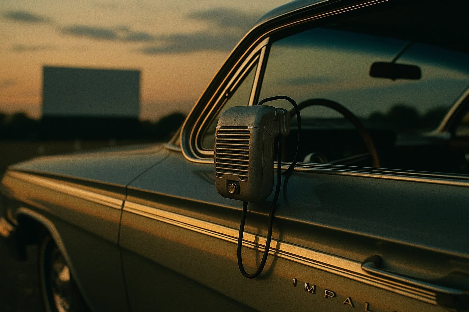 Forgotten Fads Only Boomers Remember 6 A vintage drive-in movie scene showcasing a speaker hanging on a car window.