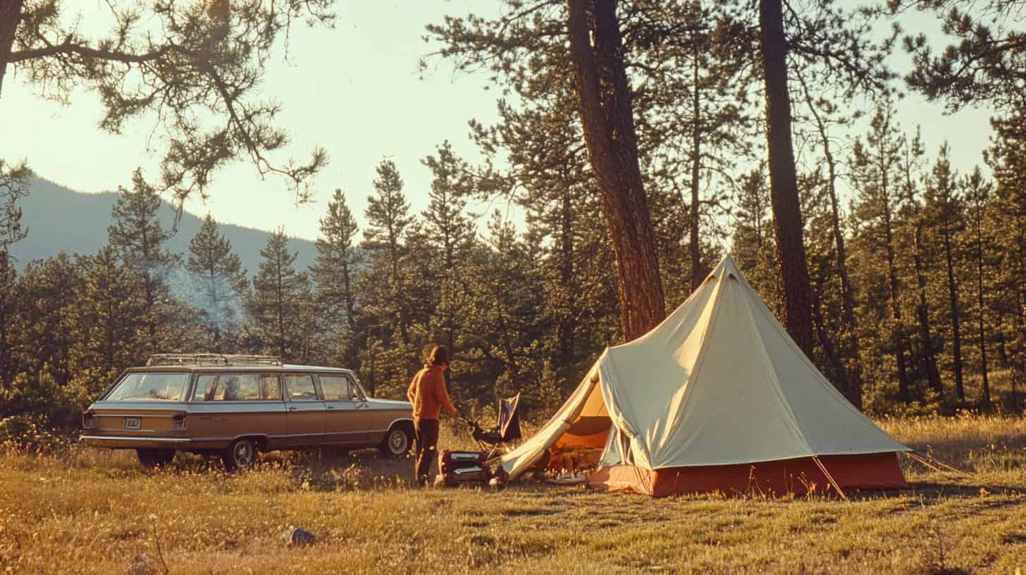 A nostalgic camping scene showcasing families enjoying summer vacations in national parks during the ’60s and ’70s.