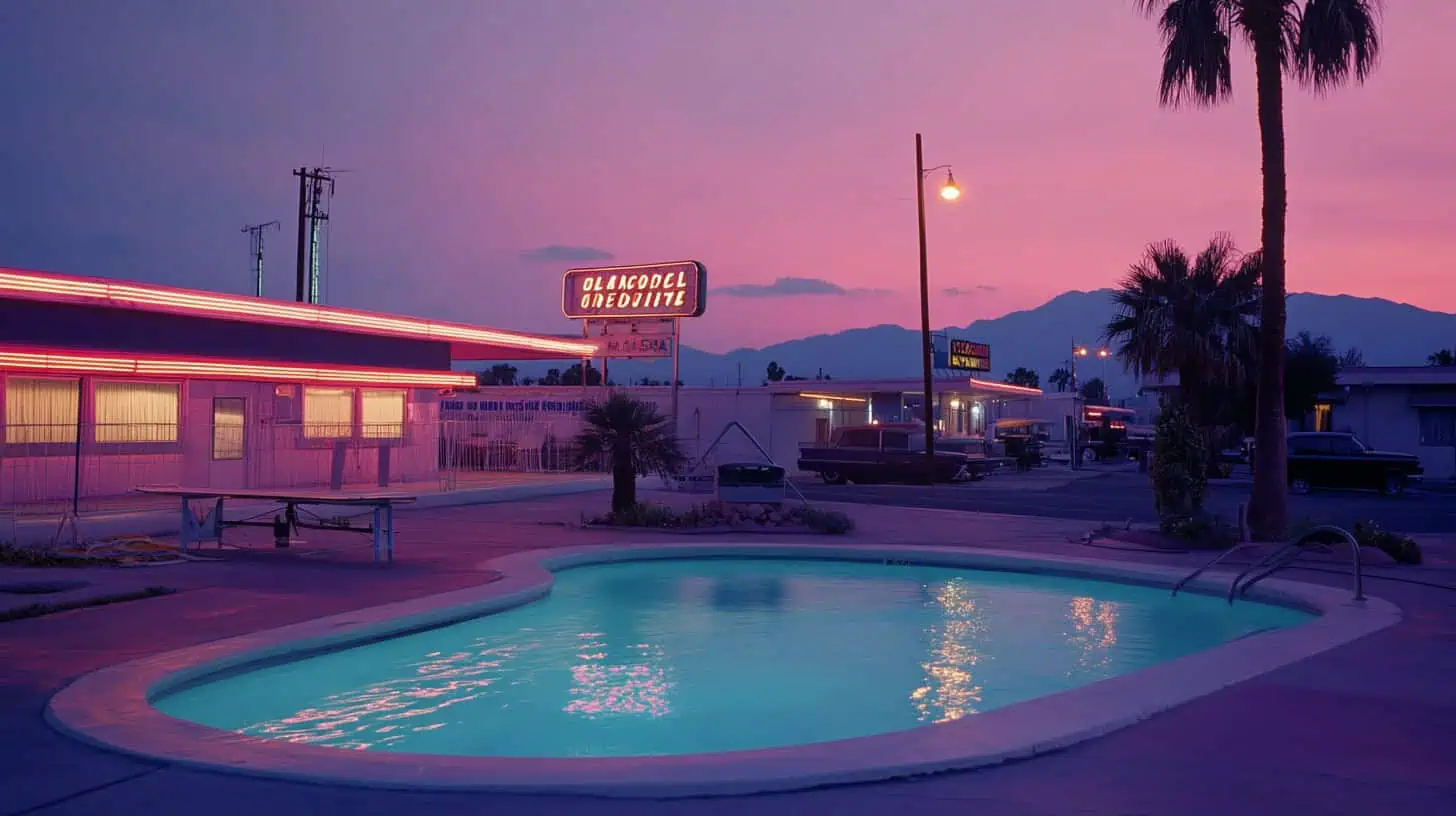 A vibrant motel swimming pool scene capturing the essence of 60s and 70s summer vacations.