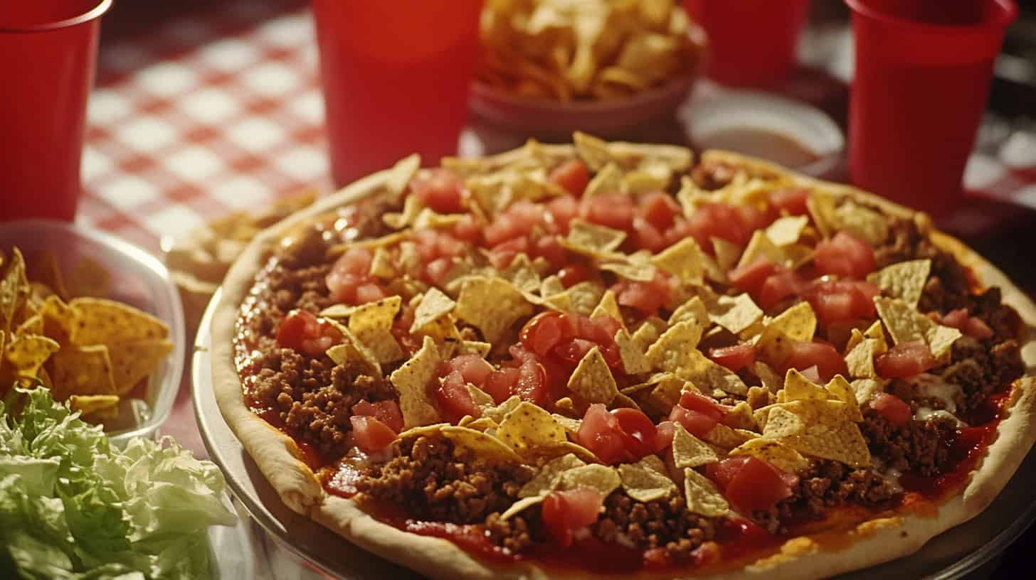 Discontinued '70s Fast Food Items That Need to Come Back 5 A colorful Taco Pizza from Pizza Hut, showcasing the unique fast food item from the 1980s.