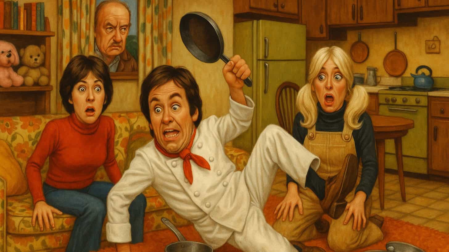Image of "Three's Company" cast, highlighting outdated humor and social norms.