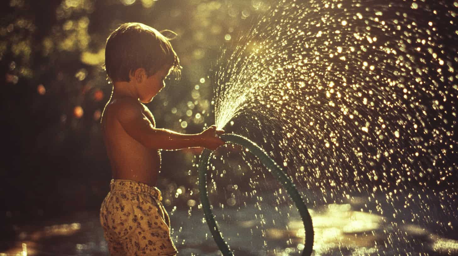 Kids drinking from a garden hose, a nostalgic activity that horrifies parents today.