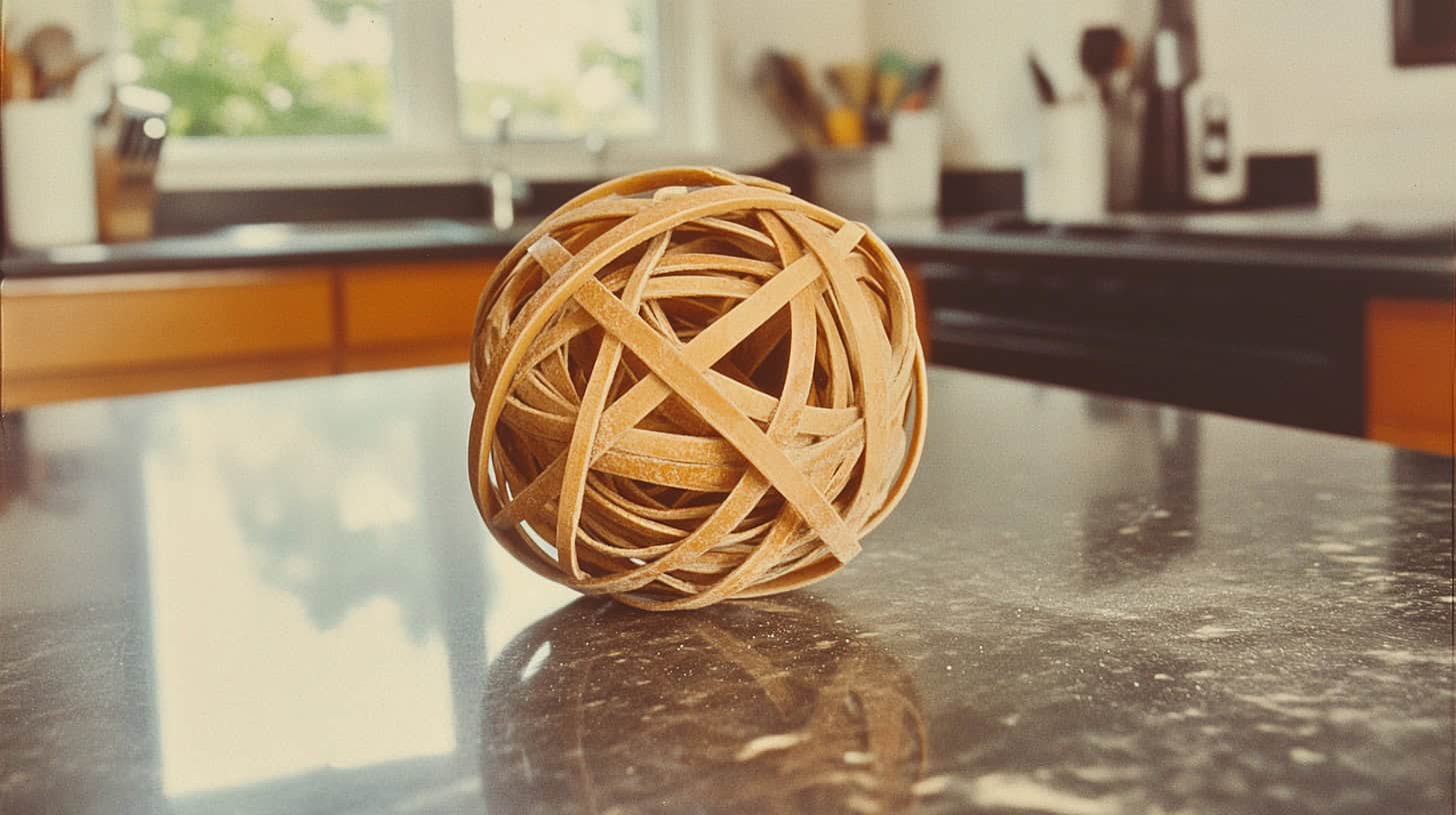 A colorful rubber band ball, showcasing a DIY storage solution for organizing.