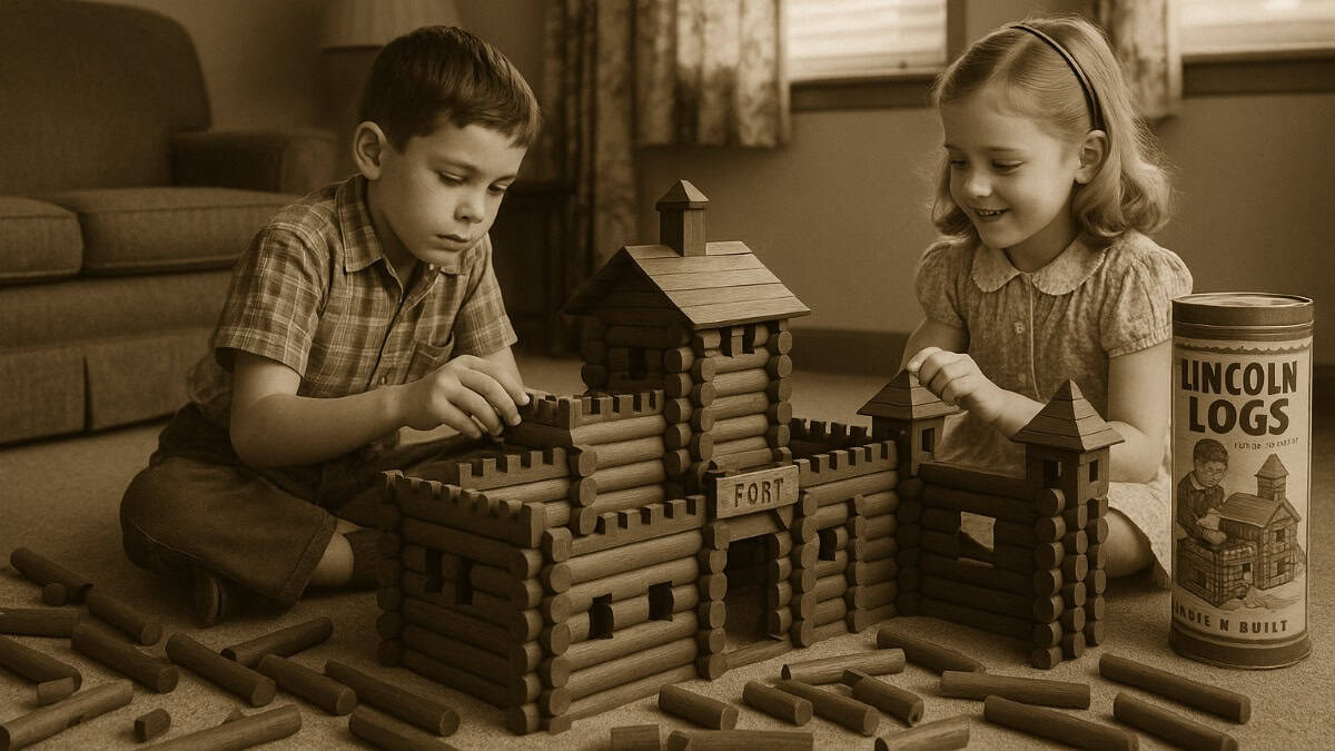 Image of classic Lincoln Logs sets, a cherished toy from the 1950s era.