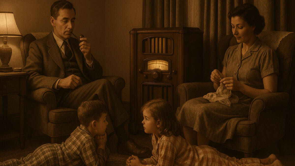 Image of a family gathered around a radio, enjoying bedtime rituals from the '50s.