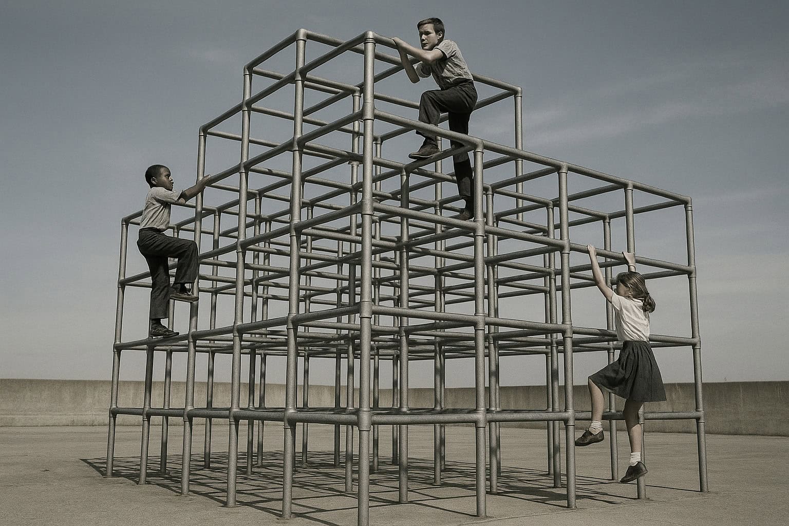 Image of steel monkey bars over concrete, a risky playground game from the '60s.