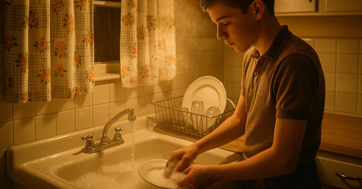 16 Family Dinner Traditions That Made Us Closer Than Social Media Ever Could 16 Image depicting a vintage kitchen scene with hand-washing dishes, reflecting on forgotten chores.