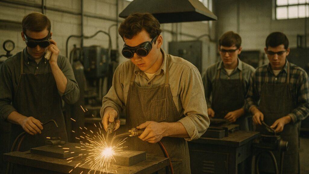 A metal shop class activity showcasing tools and projects from the 1960s.