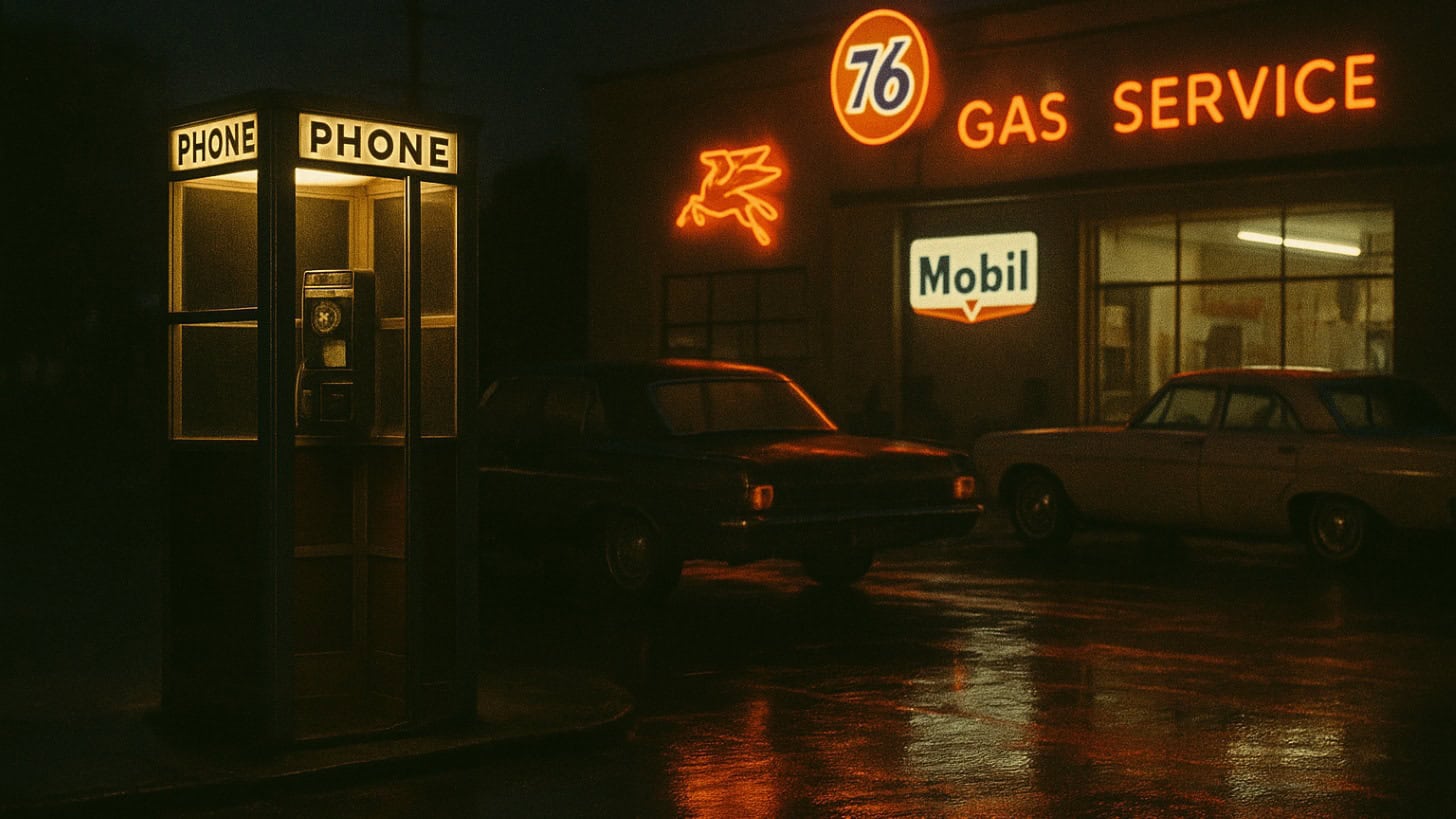 Summer Activities Kids Today Will Never Experience 4 Image depicting a vintage gas station showcasing phone booths and travel info.