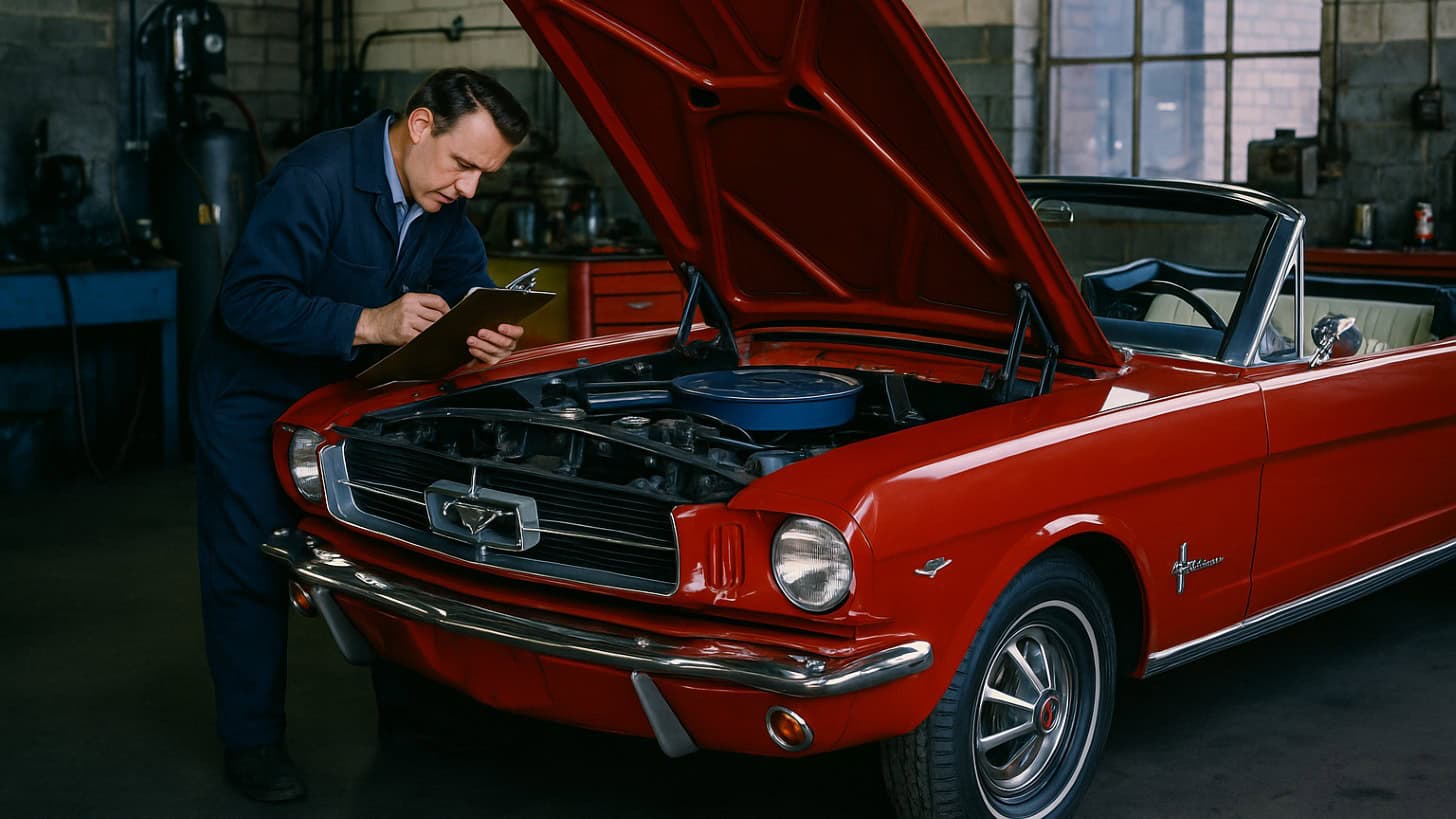 Image of a mechanic performing an under-hood inspection at a 1960s gas station.