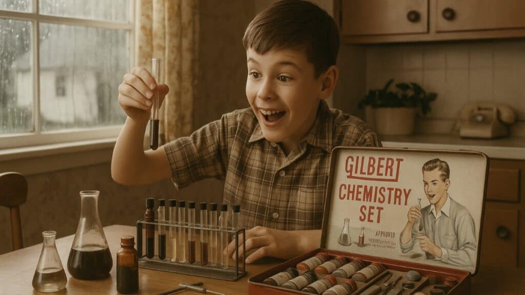 A nostalgic scene of '60s kids experimenting with chemistry sets during summer.