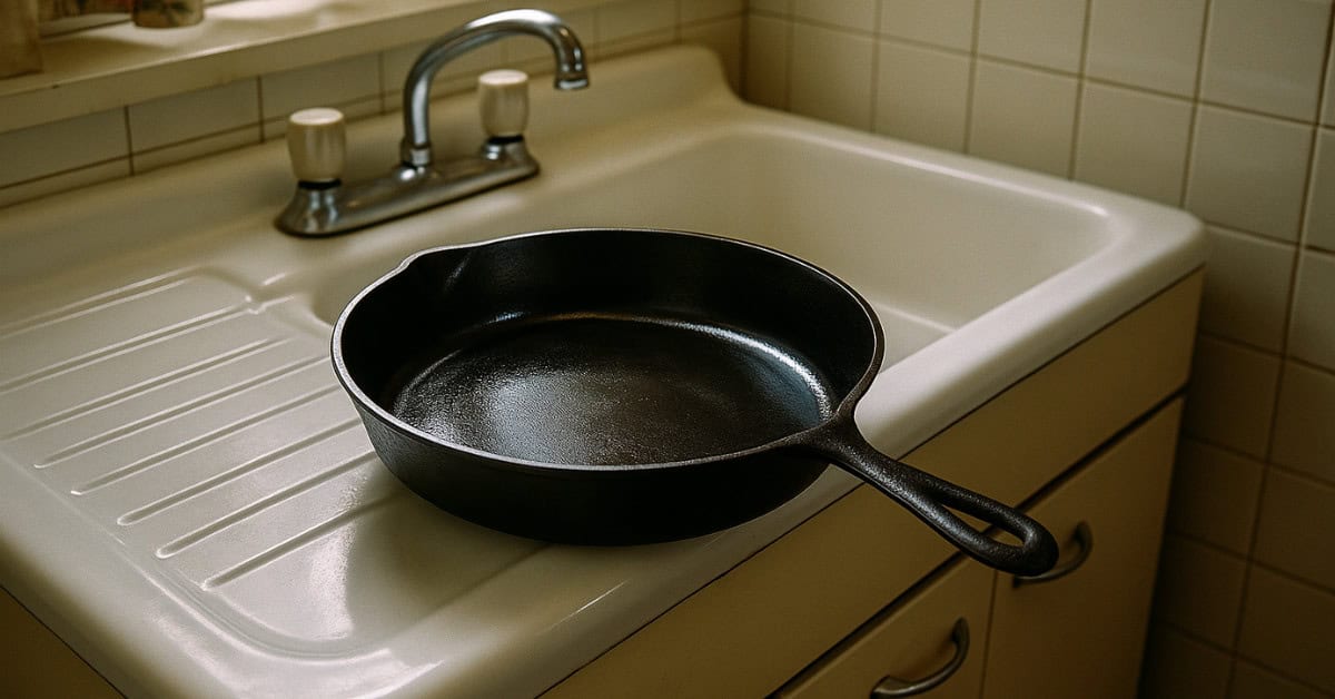 15 Basic Life Hacks from Grandma That Still Beat Modern Solutions 2 A vintage cast iron skillet, symbolizing timeless cooking lessons from mom.
