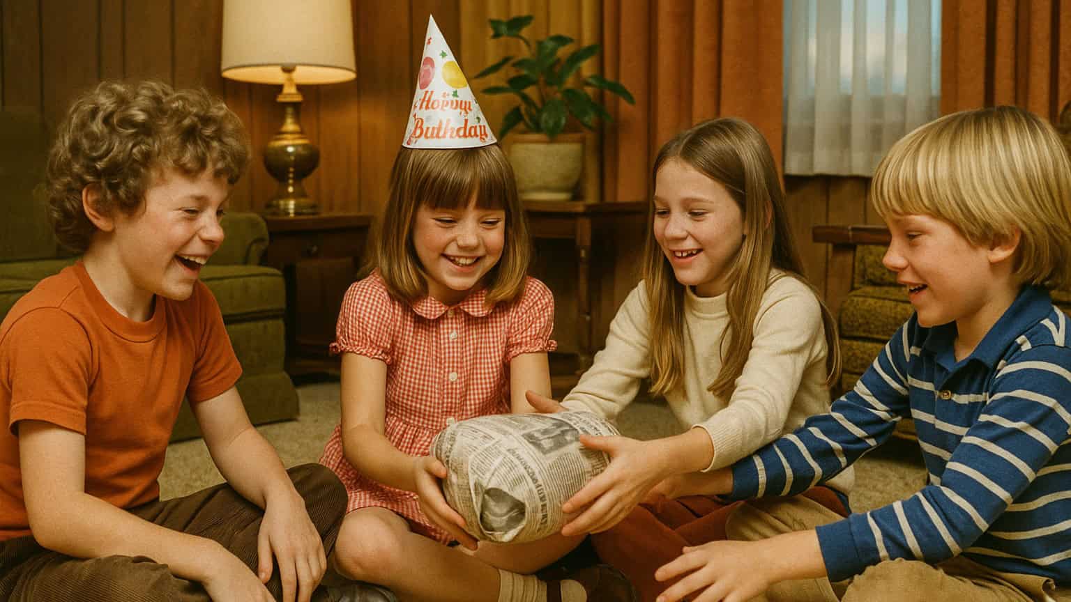 A vibrant scene from a ’70s birthday party featuring the Pass the Parcel game.