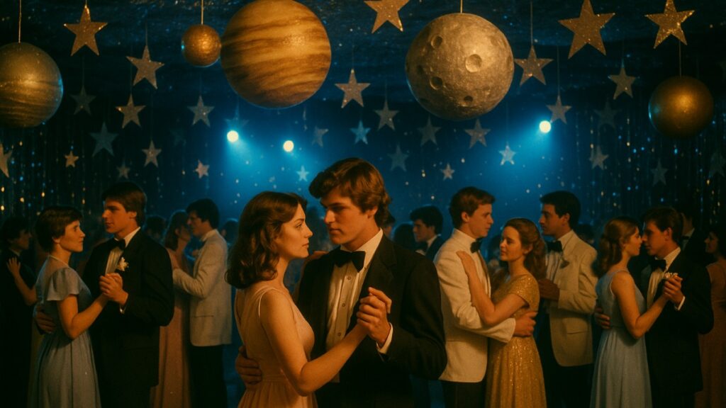 A nostalgic photo capturing the fun and fashion of 1977 high school dances.