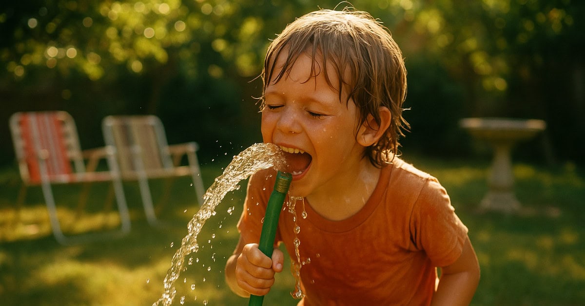 Children drinking from a garden hose, a beloved '70s childhood memory.