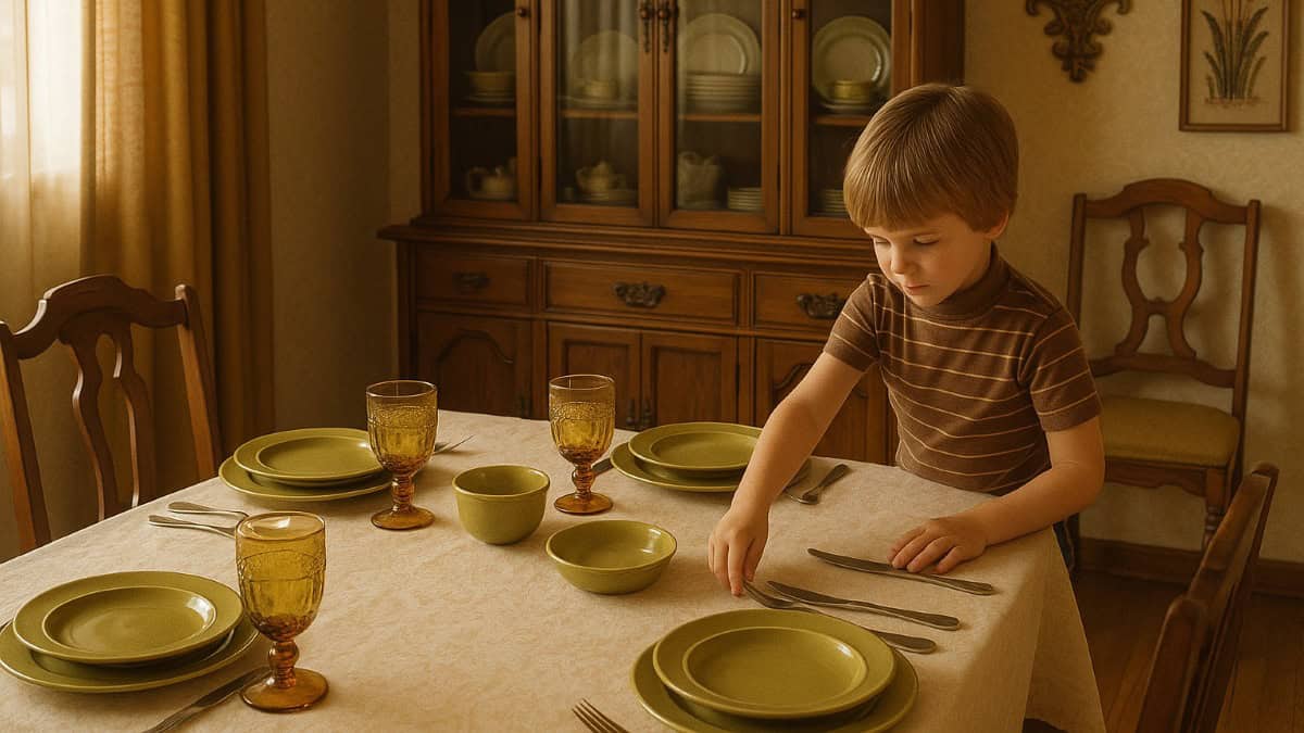 16 Family Dinner Traditions That Made Us Closer Than Social Media Ever Could 3 A family dinner table set with plates and utensils, reflecting '70s house rules.
