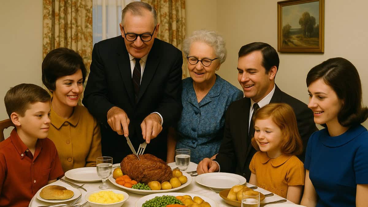 16 Family Dinner Traditions That Made Us Closer Than Social Media Ever Could 10 A cozy family gathering around a Sunday pot roast dinner table.