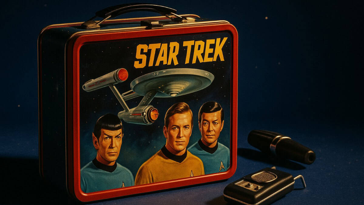 Close-up of the 1967 Star Trek Lunch Box by Aladdin, a sought-after vintage item.