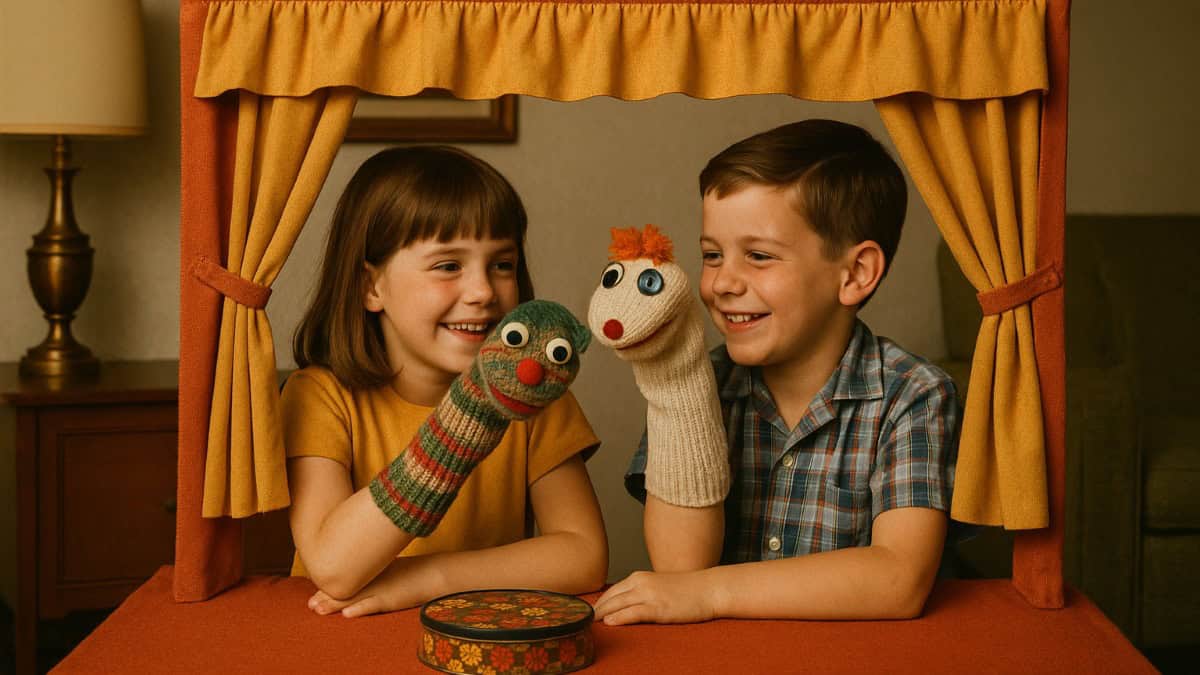 A colorful sock puppet in action during a rainy day activity.