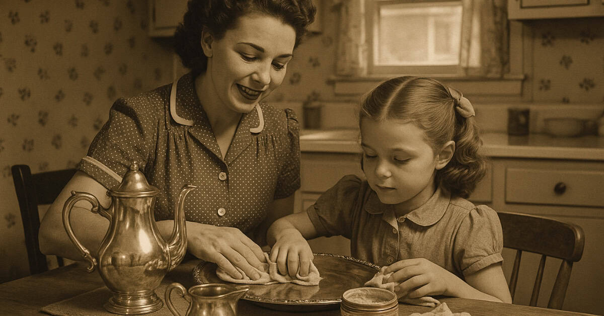 Household Chores Every Boomer Had to Do That Kids Today Would Refuse 5 A '50s child polishing silverware, reflecting the chores kids didn't mind.