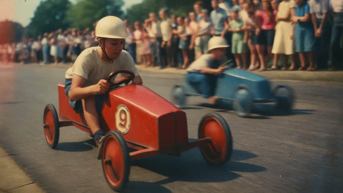 Kids enjoying soapbox derby racing, a thrilling weekend favorite for '50s kids.