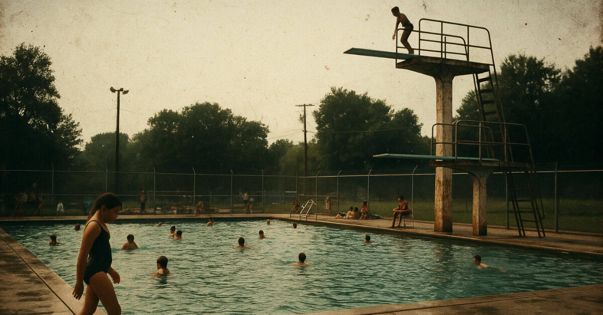 A joyful scene of kids playing at a public swimming pool, reminiscent of our generation's best childhood memories.