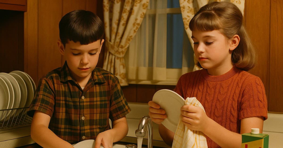 Old-Fashioned Life Lessons That Still Hold Up 10 A nostalgic image of children hand-washing dishes, reflecting on chores that built character.