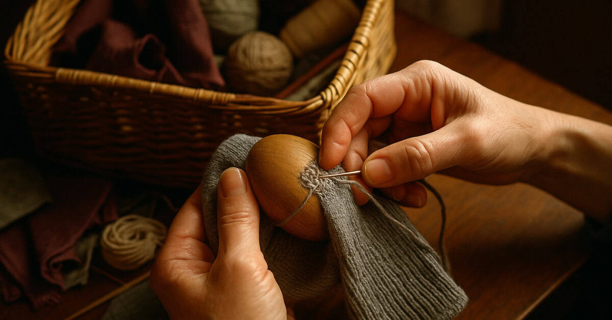 Image of a child darning socks, reflecting 1960s childhood chores that built character.