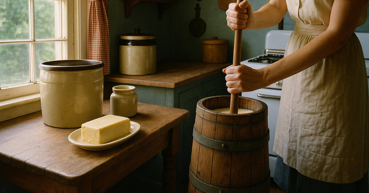 Household Chores Every Boomer Had to Do That Kids Today Would Refuse 9 A nostalgic image depicting kids churning butter, highlighting bygone childhood chores.