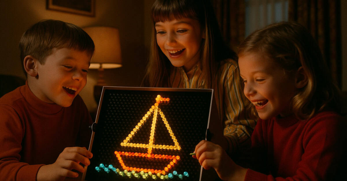 A child creating colorful designs with a Lite-Brite, showcasing pre-video game play.