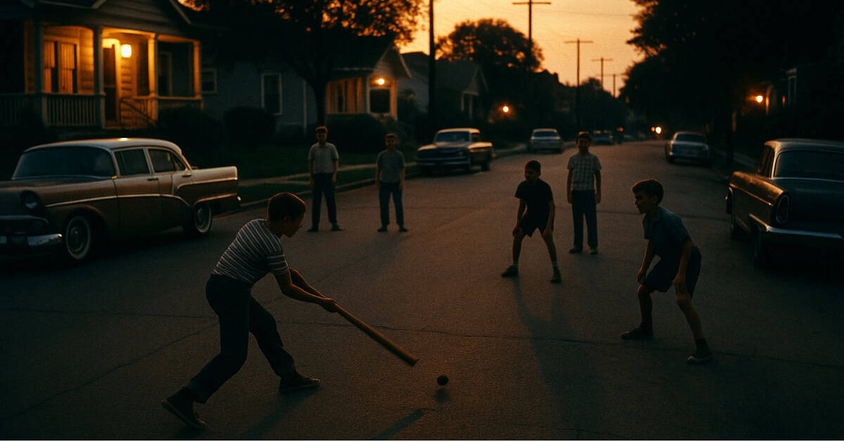 A nostalgic scene of kids playing stick ball, highlighting fun before video games.