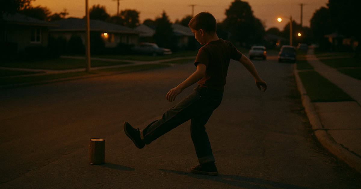 A group of kids playing Kick the Can, highlighting pre-technology fun.