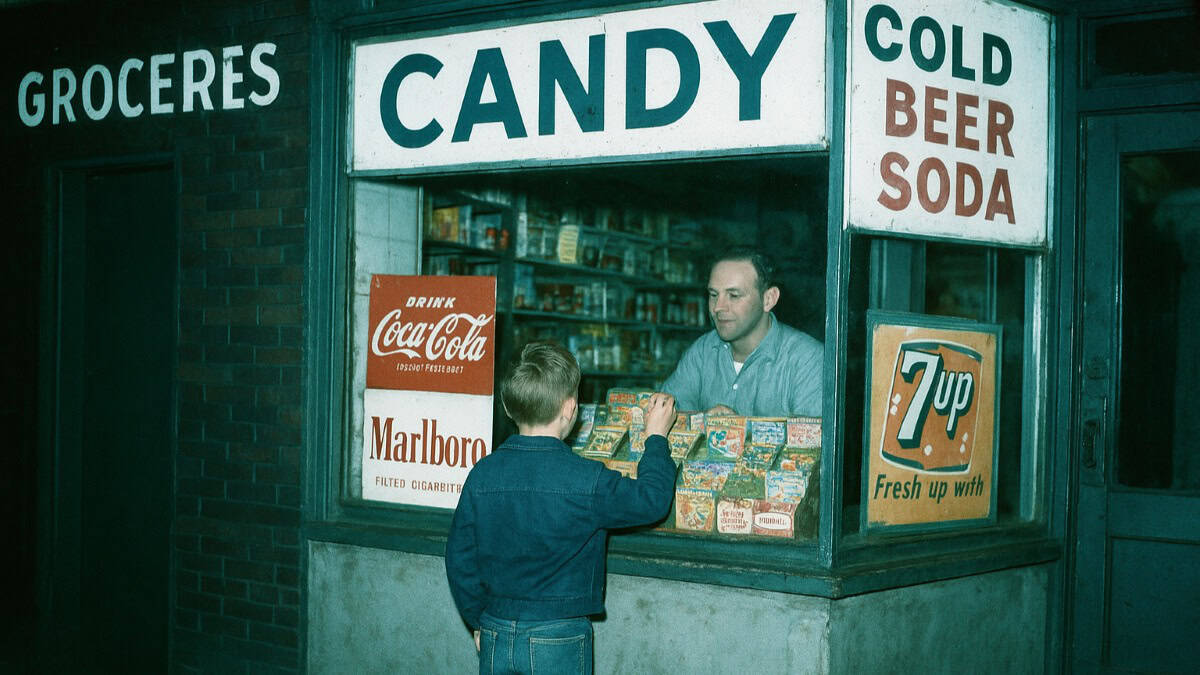 Image depicting a lively corner store scene from the 1960s, showcasing community interactions.