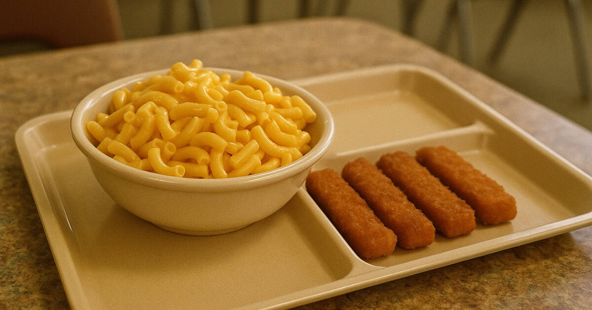 A plate of fish sticks and mac & cheese, evoking school cafeteria memories.