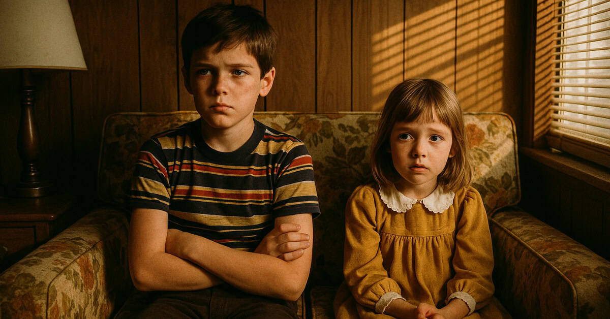 A nostalgic depiction of siblings navigating childhood challenges and threats.