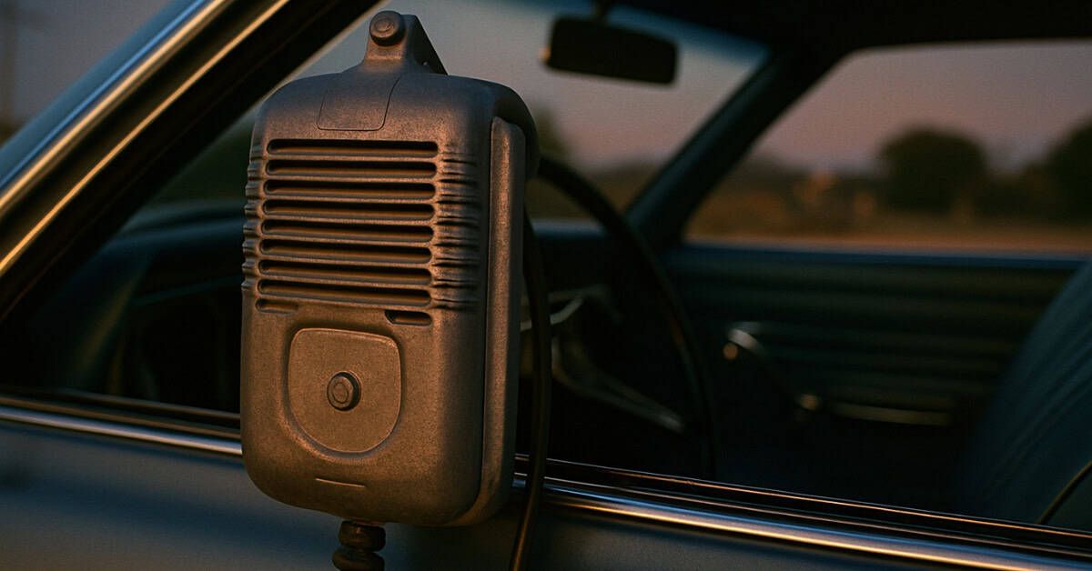 An old drive-in theater speaker box, symbolizing urban legends from the '70s.